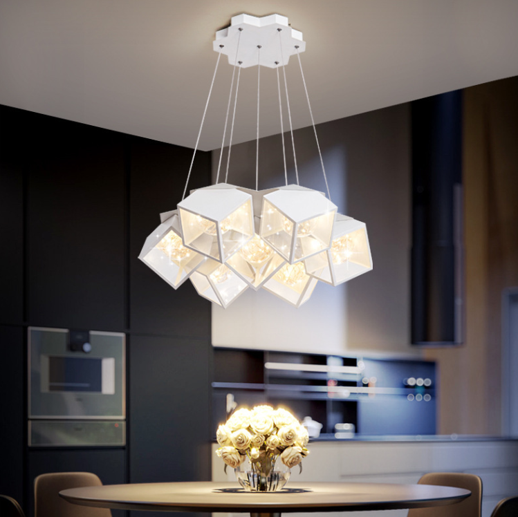 Modern Art Deco Baby's Breath Cube Sphere Iron Acrylic Lampshade LED Chandelier For Dining Room