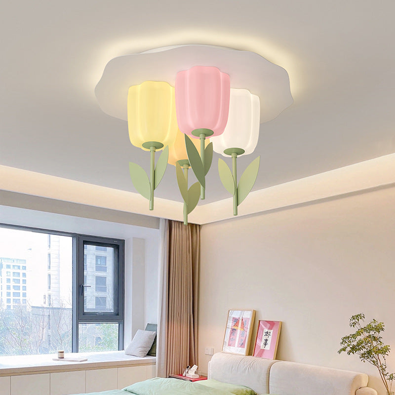 Contemporary Creative Cream Tulips Roto-molding Lampshade Iron LED Semi-Flush Mount Ceiling Light For Bedroom