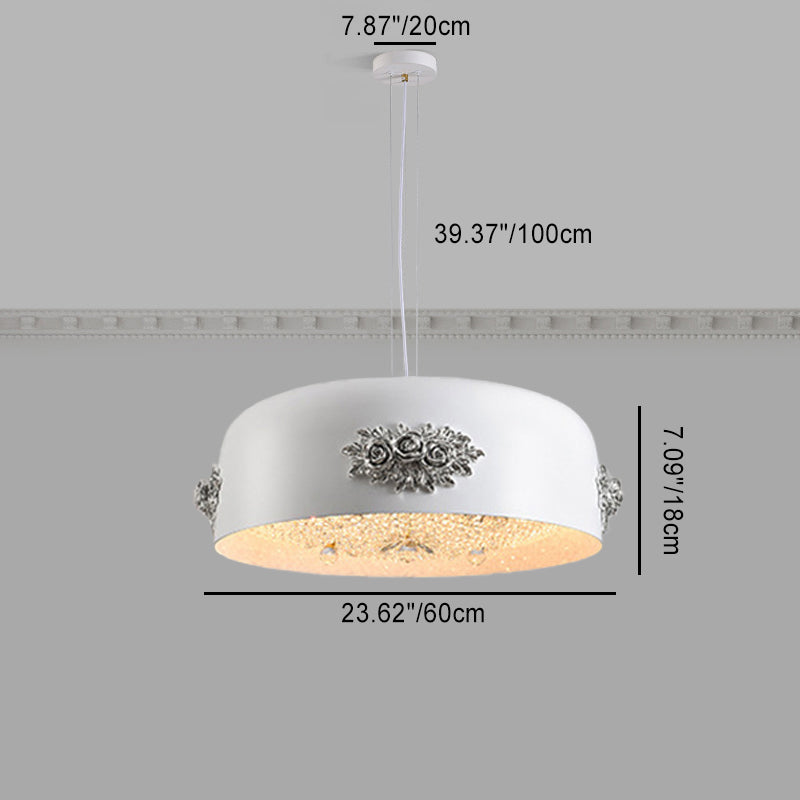 Traditional French Rose Pattern Resin Stainless Steel Lampshade Crystal LED Chandelier For Dining Room