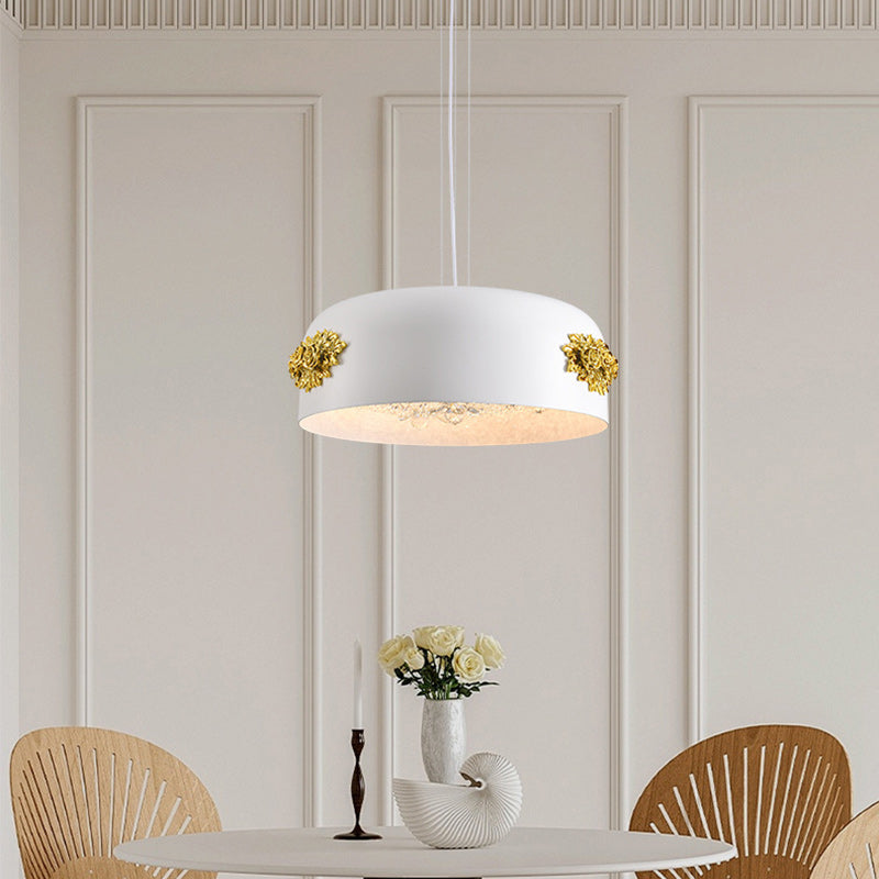 Traditional French Rose Pattern Resin Stainless Steel Lampshade Crystal LED Chandelier For Dining Room