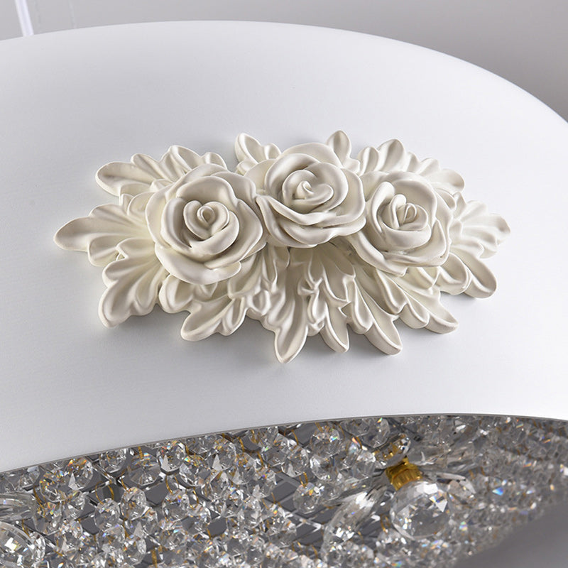 Traditional French Rose Pattern Resin Stainless Steel Lampshade Crystal LED Chandelier For Dining Room