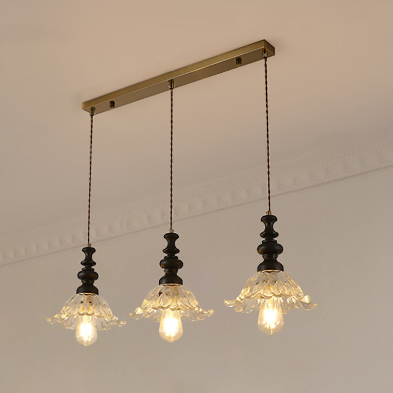 Traditional French Flower Shape Glass Lampshade Iron Solid Wood 1/3 - Light Chandelier For Dining Room
