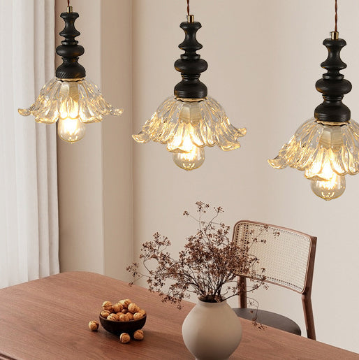 Traditional French Flower Shape Glass Lampshade Iron Solid Wood 1/3 - Light Chandelier For Dining Room