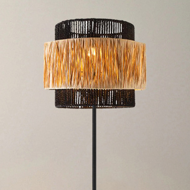 Contemporary Boho Cylinder Raffia Paper Lampshade Iron 1 - Light Table Lamp For Living Room