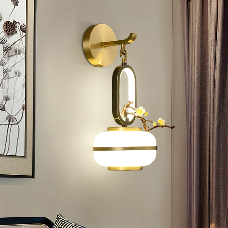 Traditional Chinese Oval Branch Flowers Copper Glass LED Wall Sconce Lamp For Living Room