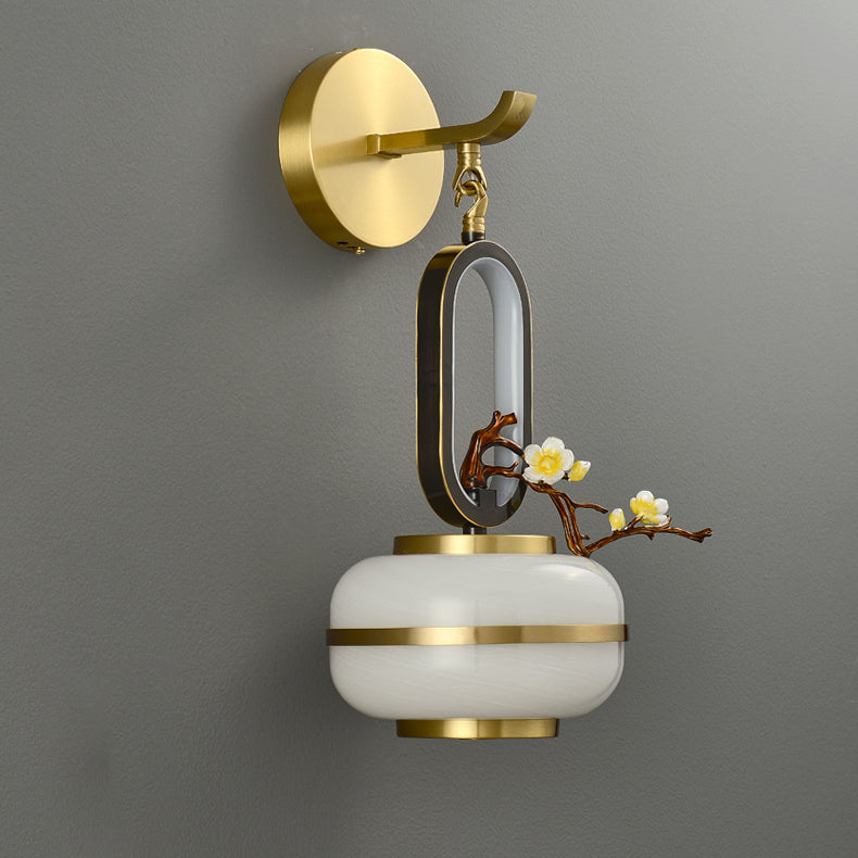 Traditional Chinese Oval Branch Flowers Copper Glass LED Wall Sconce Lamp For Living Room