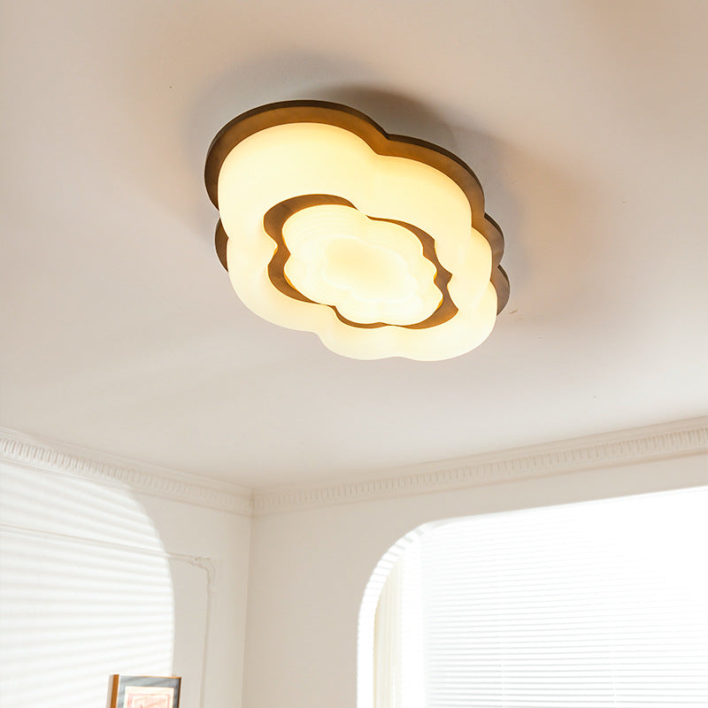 Contemporary Retro Cloud Shape Rubber Wood PE Lampshade LED Flush Mount Ceiling Light For Bedroom