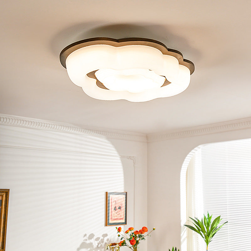 Contemporary Retro Cloud Shape Rubber Wood PE Lampshade LED Flush Mount Ceiling Light For Bedroom