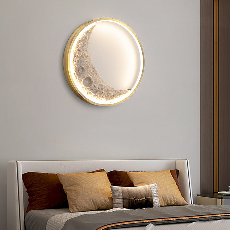Contemporary Creative Round Moon Resin Iron Lampshade LED Wall Sconce Lamp For Living Room