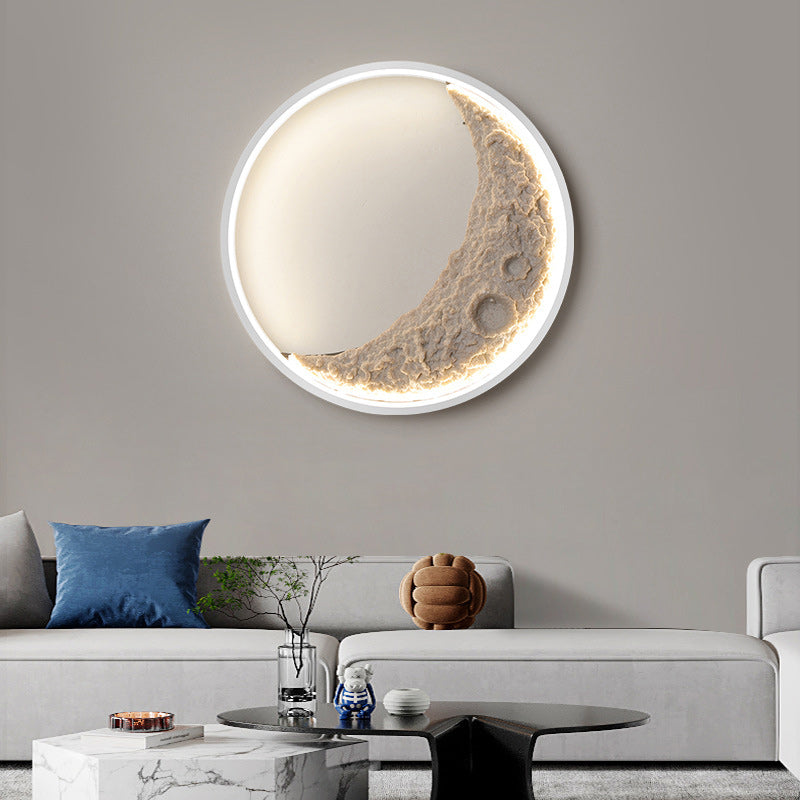 Contemporary Creative Round Moon Resin Iron Lampshade LED Wall Sconce Lamp For Living Room