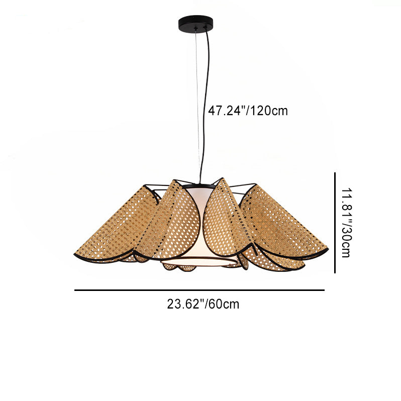 Contemporary Boho Folded Leaves Rattan Weaving Trapezoid Fabric Lampshade Hardware 1 - Light Chandelier For Dining Room