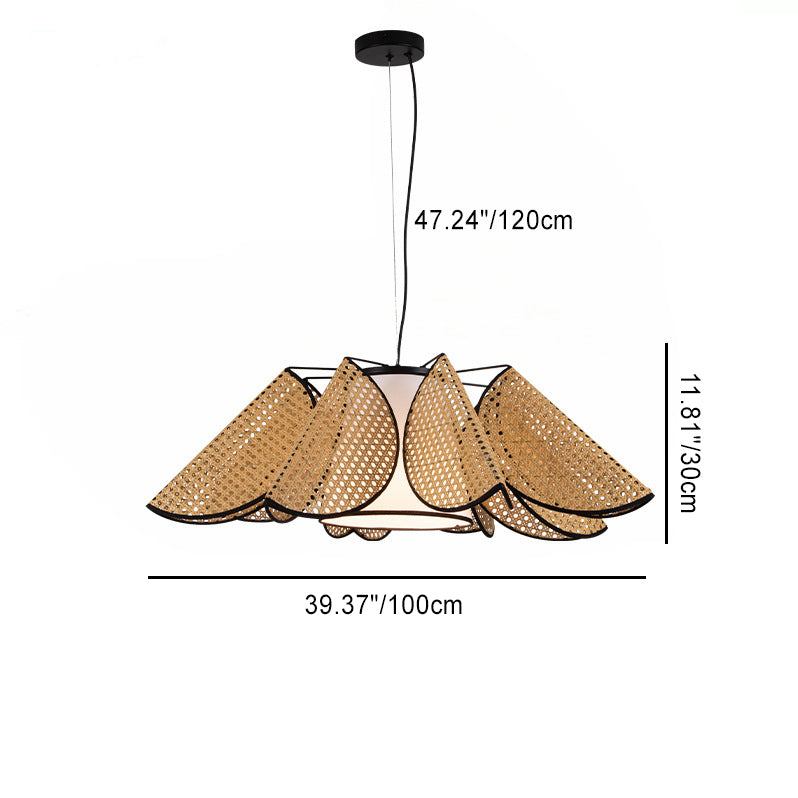 Contemporary Boho Folded Leaves Rattan Weaving Trapezoid Fabric Lampshade Hardware 1 - Light Chandelier For Dining Room