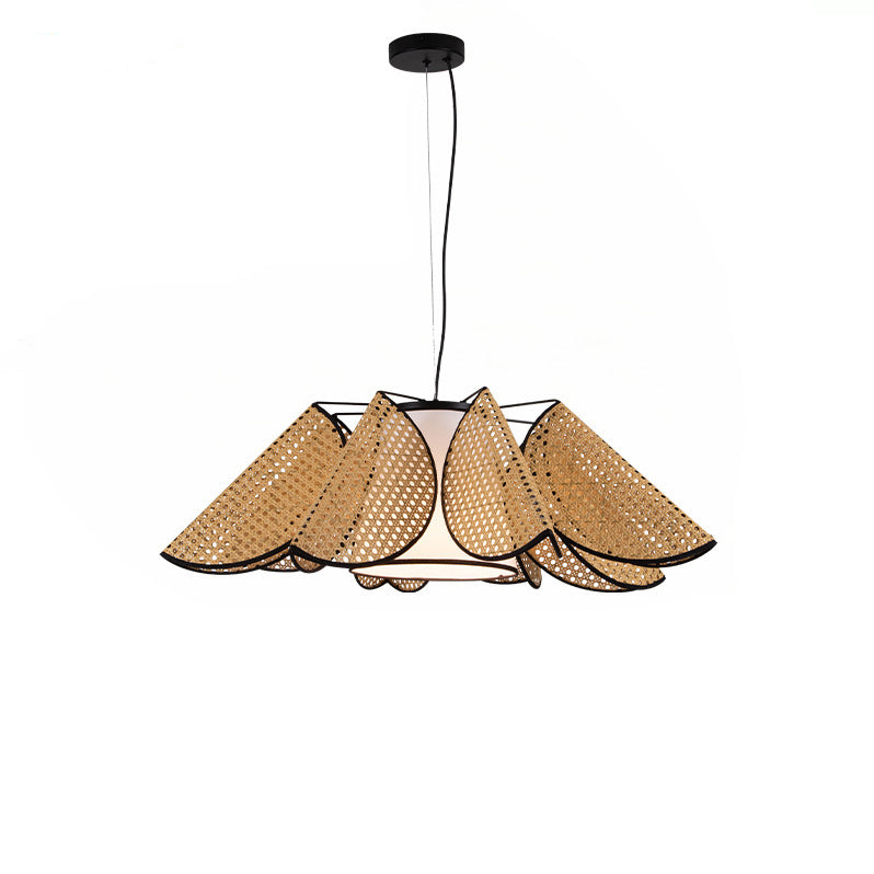 Contemporary Boho Folded Leaves Rattan Weaving Trapezoid Fabric Lampshade Hardware 1 - Light Chandelier For Dining Room