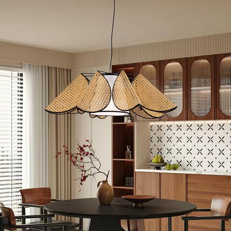 Contemporary Boho Folded Leaves Rattan Weaving Trapezoid Fabric Lampshade Hardware 1 - Light Chandelier For Dining Room