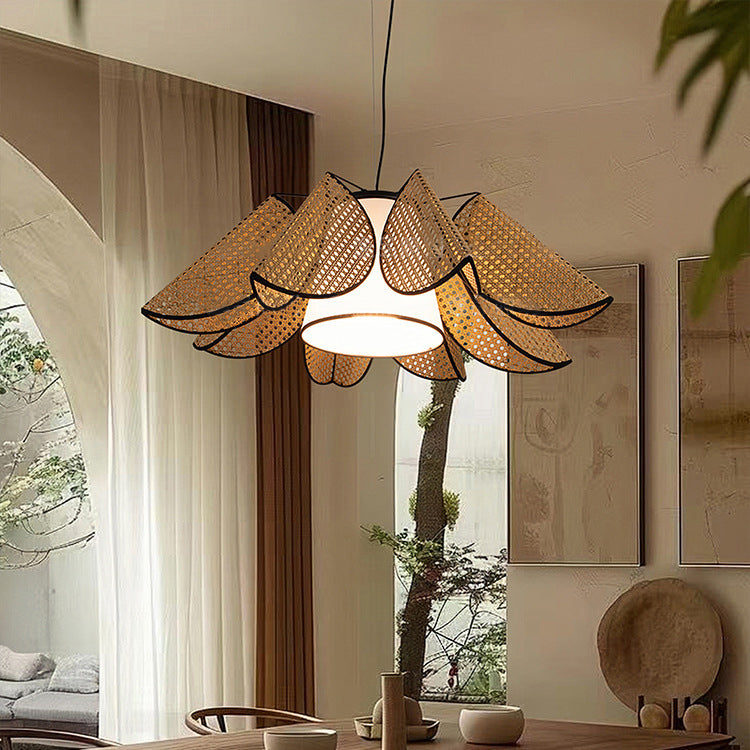 Contemporary Boho Folded Leaves Rattan Weaving Trapezoid Fabric Lampshade Hardware 1 - Light Chandelier For Dining Room