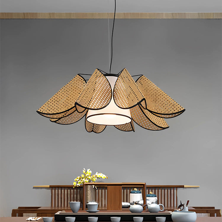 Contemporary Boho Folded Leaves Rattan Weaving Trapezoid Fabric Lampshade Hardware 1 - Light Chandelier For Dining Room