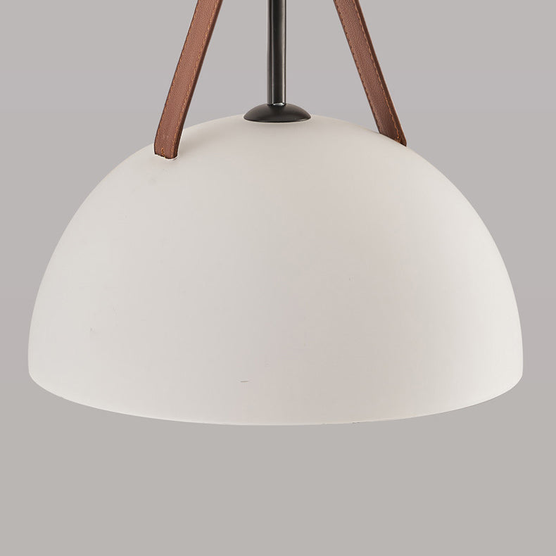 Contemporary Nordic Dome Semicircle Glass Lampshade Walnut Copper Leather 1/2/3 - Light Chandelier For Dining Room