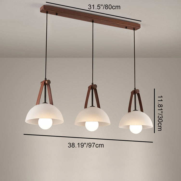 Contemporary Nordic Dome Semicircle Glass Lampshade Walnut Copper Leather 1/2/3 - Light Chandelier For Dining Room