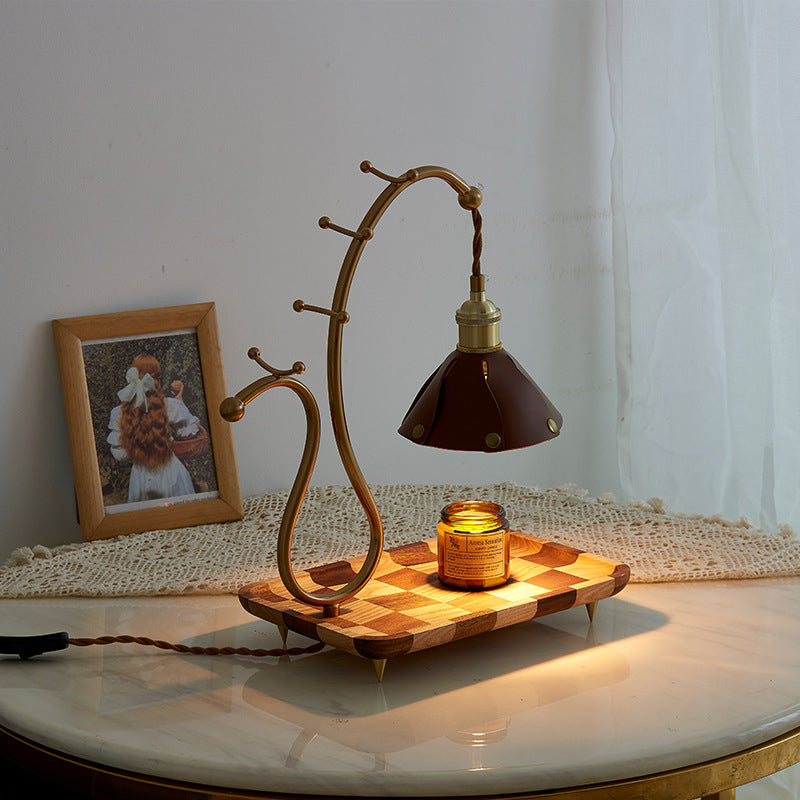Contemporary Creative Round Rectangle Walnut Base Cone Leather Lampshade Copper 1 - Light Melting Wax Table Lamp For Bedroom