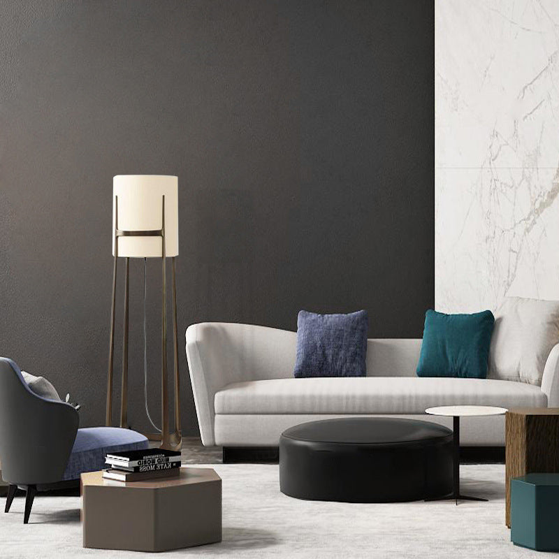 Contemporary Scandinavian Cylinder Fabric Lampshade Iron Base 1 - Light Standing Floor Lamp For Living Room