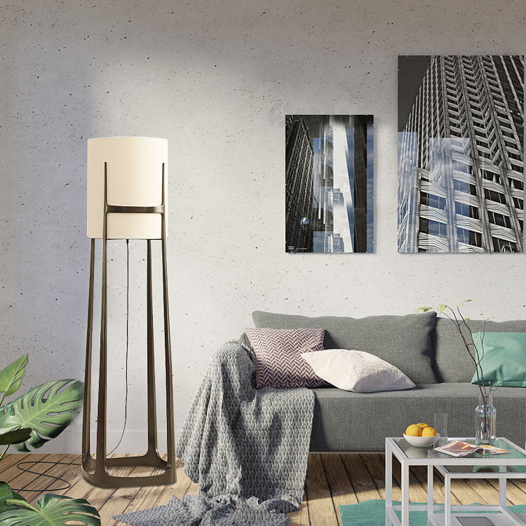 Contemporary Scandinavian Cylinder Fabric Lampshade Iron Base 1 - Light Standing Floor Lamp For Living Room