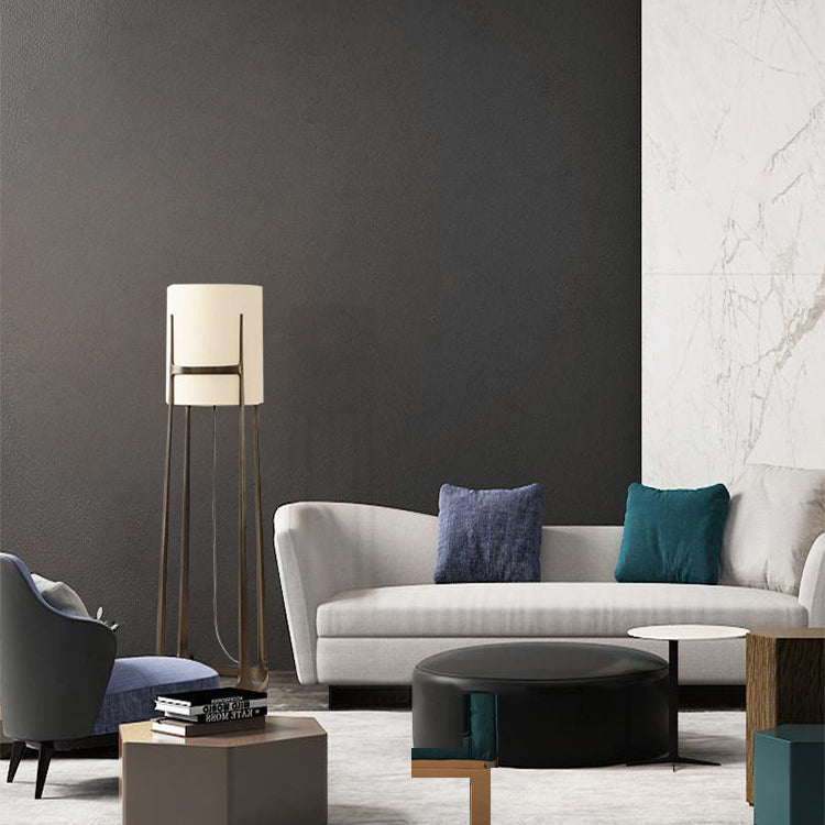 Contemporary Scandinavian Cylinder Fabric Lampshade Iron Base 1 - Light Standing Floor Lamp For Living Room