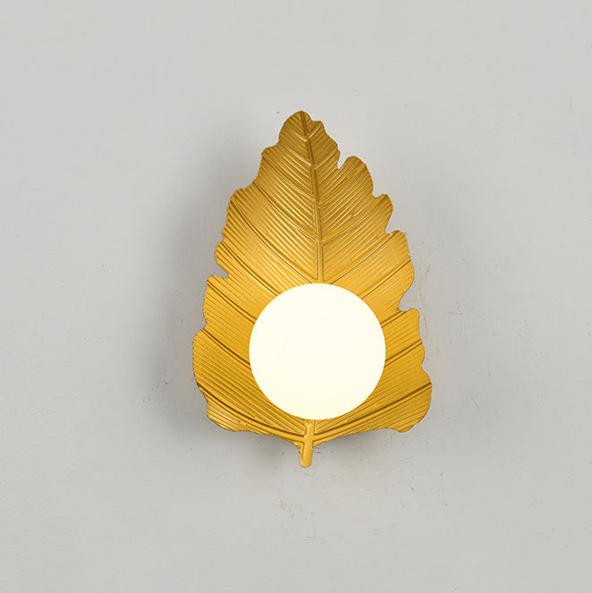 Contemporary Creative Iron Leaf Glass Orb Lampshade 1 - Light Wall Sconce Lamp For Living Room