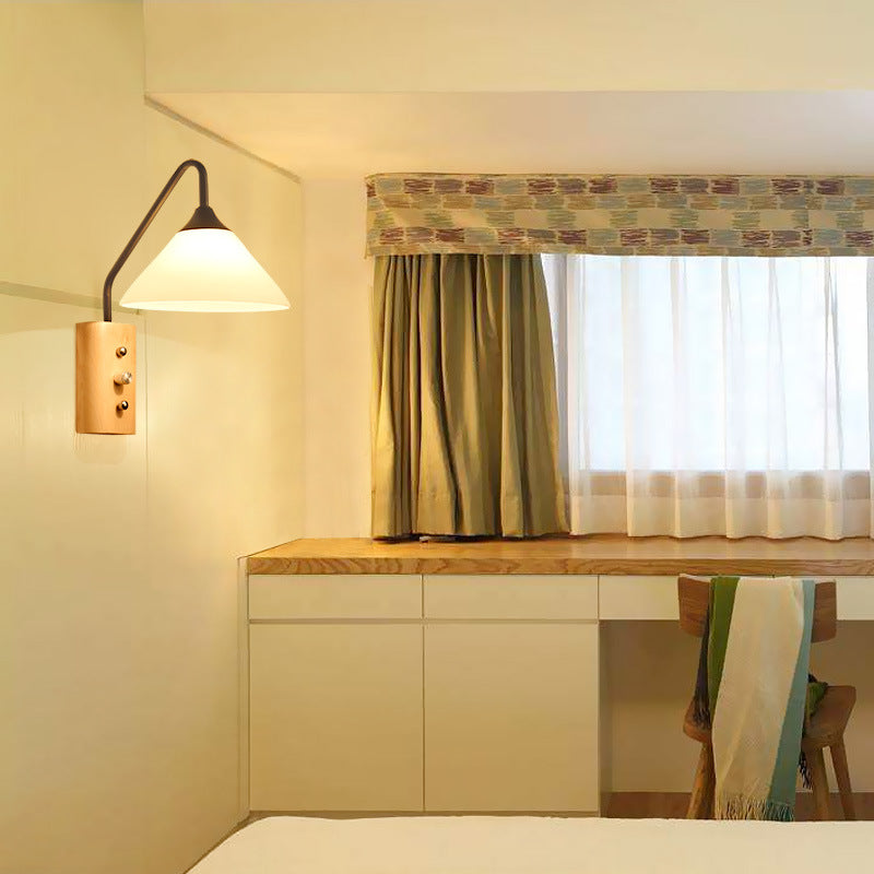 Traditional Japanese Cone Glass Lampshade Solid Wood Iron 1 - Light Wall Sconce Lamp For Bedroom