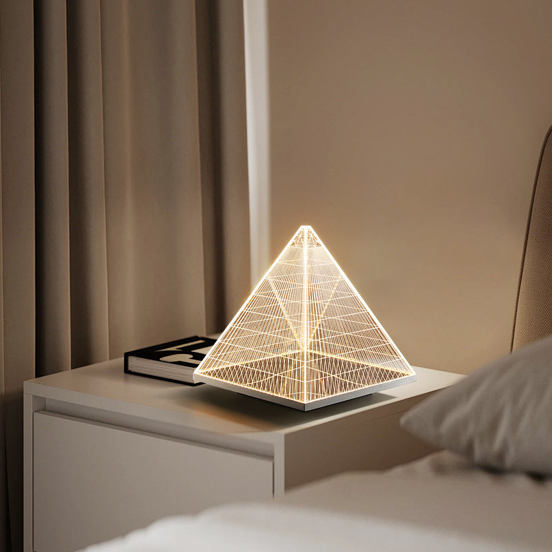 Modern Art Deco Pyramid Acrylic Aluminum Lampshade Stainless Steel Base LED Table Lamp For Living Room