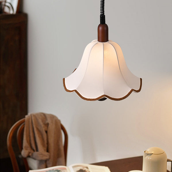 Traditional French Petal Shape Fabric Lampshade Hardware Wood 1 - Light Pendant Light For Dining Room
