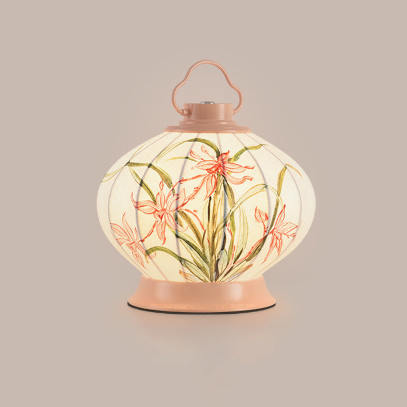 Traditional Chinese Round Ball Painting Portable Imitation Silk Lampshade Hardware 1 - Light Table Lamp For Living Room