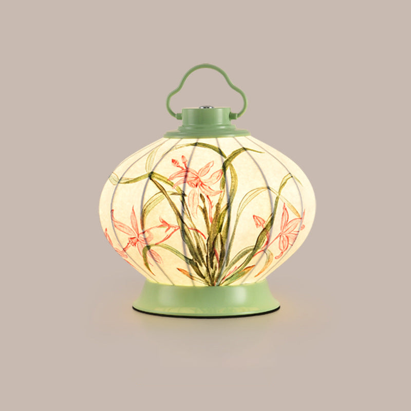 Traditional Chinese Round Ball Painting Portable Imitation Silk Lampshade Hardware 1 - Light Table Lamp For Living Room