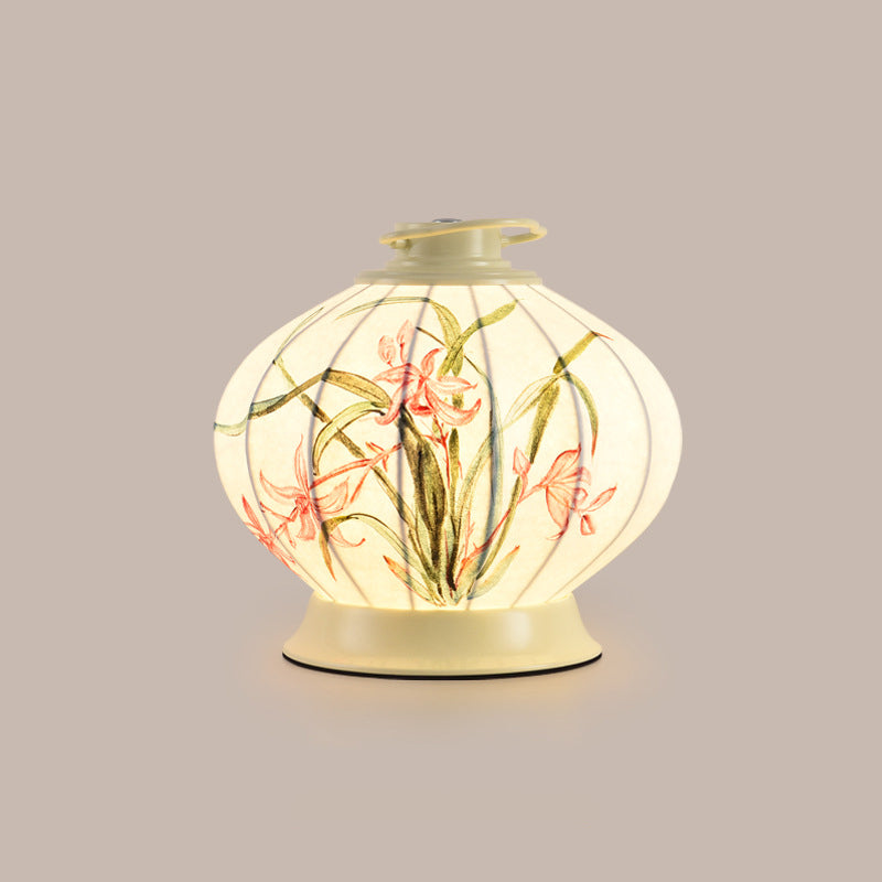 Traditional Chinese Round Ball Painting Portable Imitation Silk Lampshade Hardware 1 - Light Table Lamp For Living Room