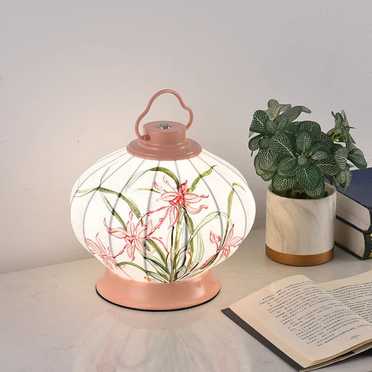 Traditional Chinese Round Ball Painting Portable Imitation Silk Lampshade Hardware 1 - Light Table Lamp For Living Room