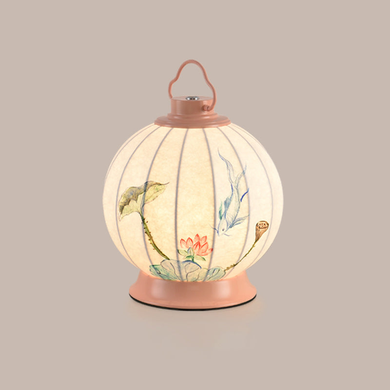 Traditional Chinese Round Ball Painting Portable Imitation Silk Lampshade Hardware 1 - Light Table Lamp For Living Room