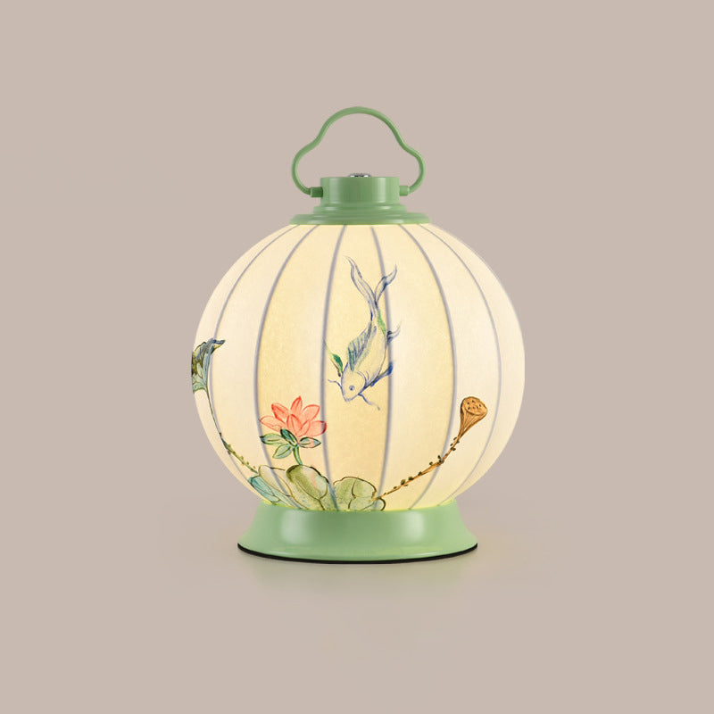 Traditional Chinese Round Ball Painting Portable Imitation Silk Lampshade Hardware 1 - Light Table Lamp For Living Room