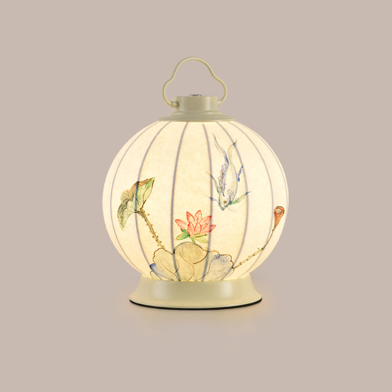 Traditional Chinese Round Ball Painting Portable Imitation Silk Lampshade Hardware 1 - Light Table Lamp For Living Room