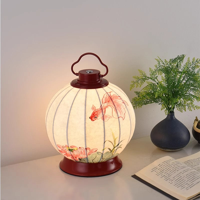 Traditional Chinese Round Ball Goldfish Persimmon Portable Imitation Silk Lampshade Hardware 1 - Light Table Lamp For Living Room