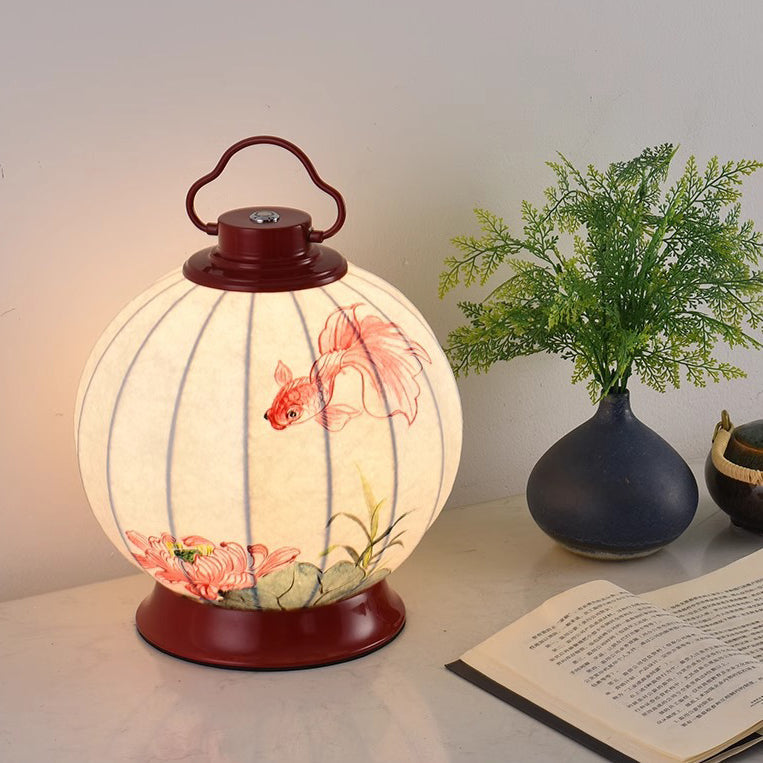 Traditional Chinese Round Ball Goldfish Persimmon Portable Imitation Silk Lampshade Hardware 1 - Light Table Lamp For Living Room