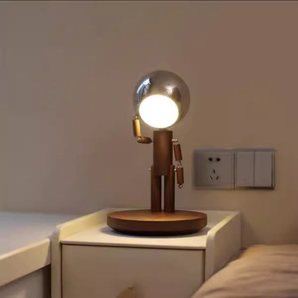 Contemporary Creative Astronaut Iron Lampshade Wood Base LED Table Lamp For Bedroom
