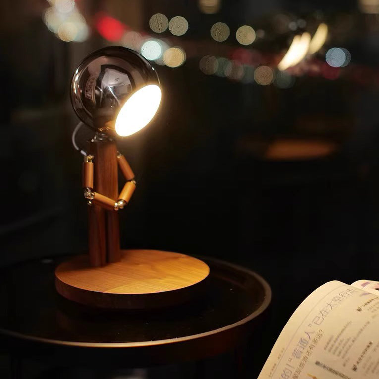 Contemporary Creative Astronaut Iron Lampshade Wood Base LED Table Lamp For Bedroom