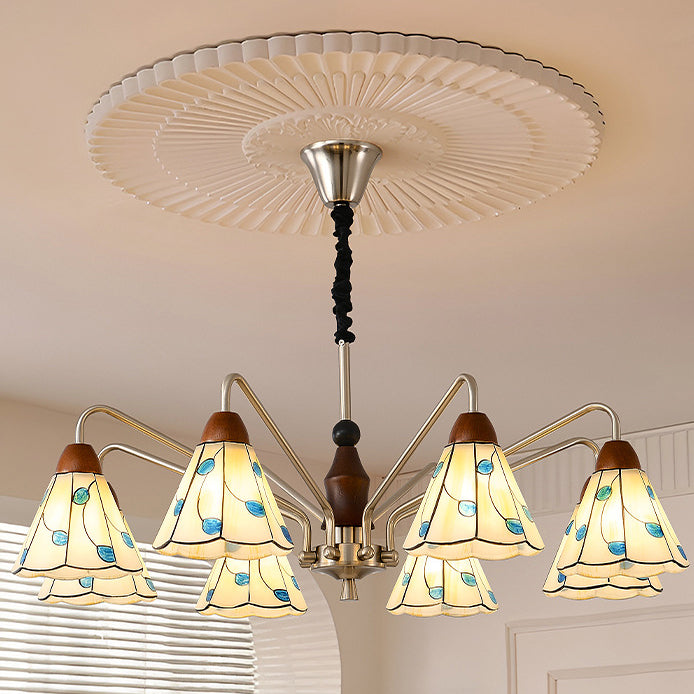 Traditional French Cone Leaves Pattern Glass Lampshade Iron Solid Wood 6/8 - Light Chandelier For Living Room