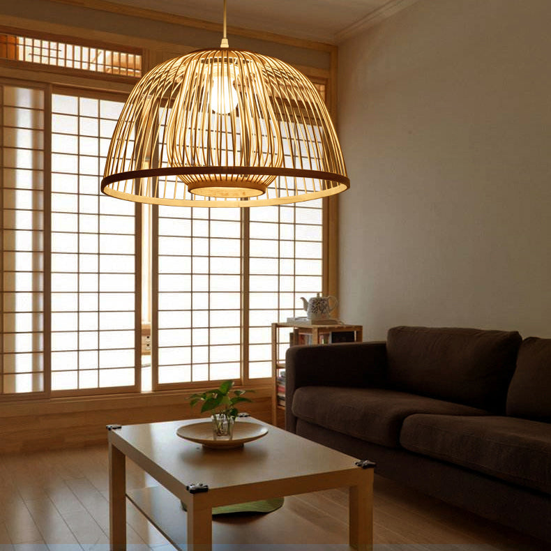 Traditional Japanese Dome Semicircle Bamboo Lampshade 1 - Light Chandelier For Dining Room