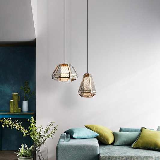 Contemporary Scandinavian Polygonal Cube Hardware Glass Lampshade 1 - Light Pendant Light For Living Room