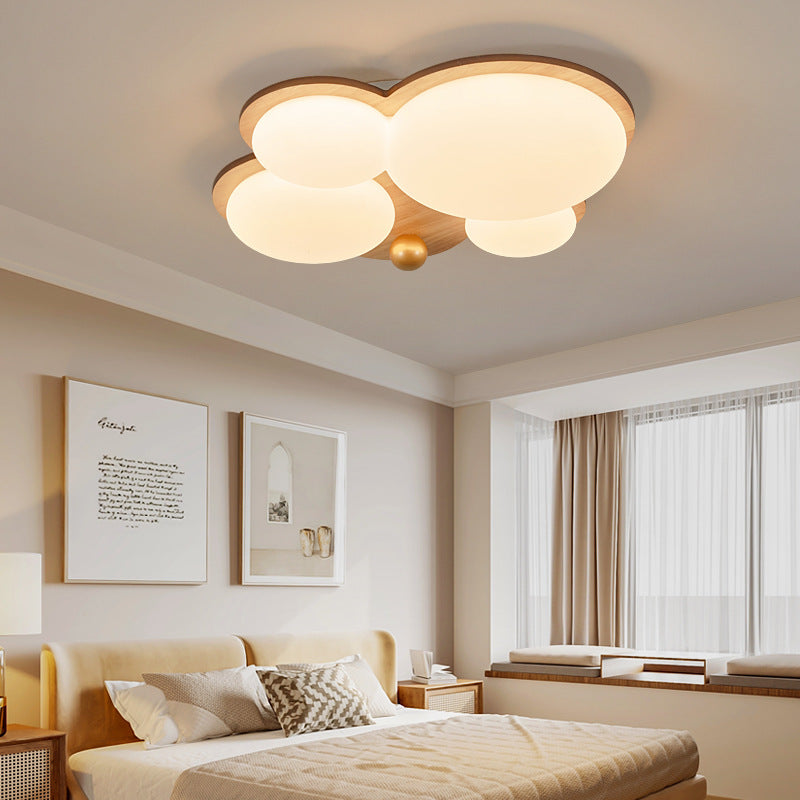Contemporary Retro Cloud Shape Golden Sphere Rubber Wood Acrylic Iron Lampshade LED Semi-Flush Mount Ceiling Light For Bedroom