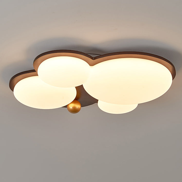 Contemporary Retro Cloud Shape Golden Sphere Rubber Wood Acrylic Iron Lampshade LED Semi-Flush Mount Ceiling Light For Bedroom