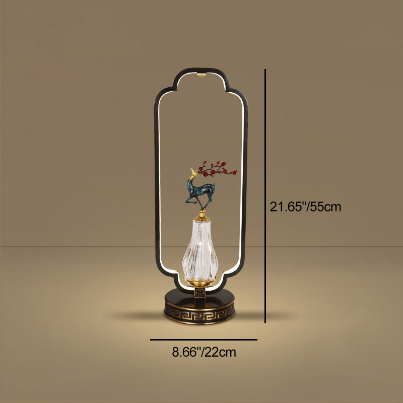 Traditional Chinese Gourd Magpie Deer Crystal Resin Copper Round Base LED Table Lamp For Bedroom