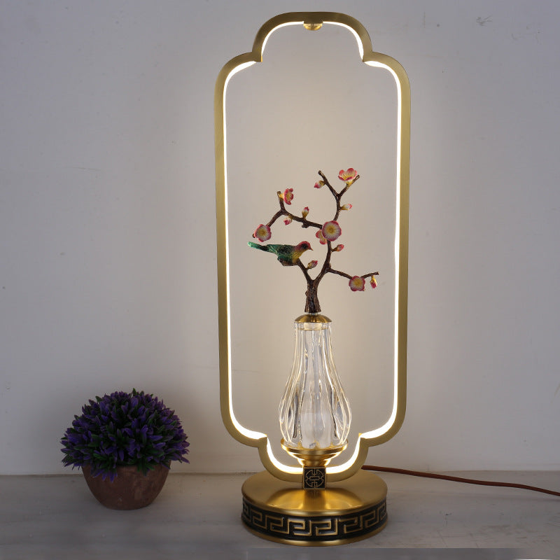 Traditional Chinese Gourd Magpie Deer Crystal Resin Copper Round Base LED Table Lamp For Bedroom
