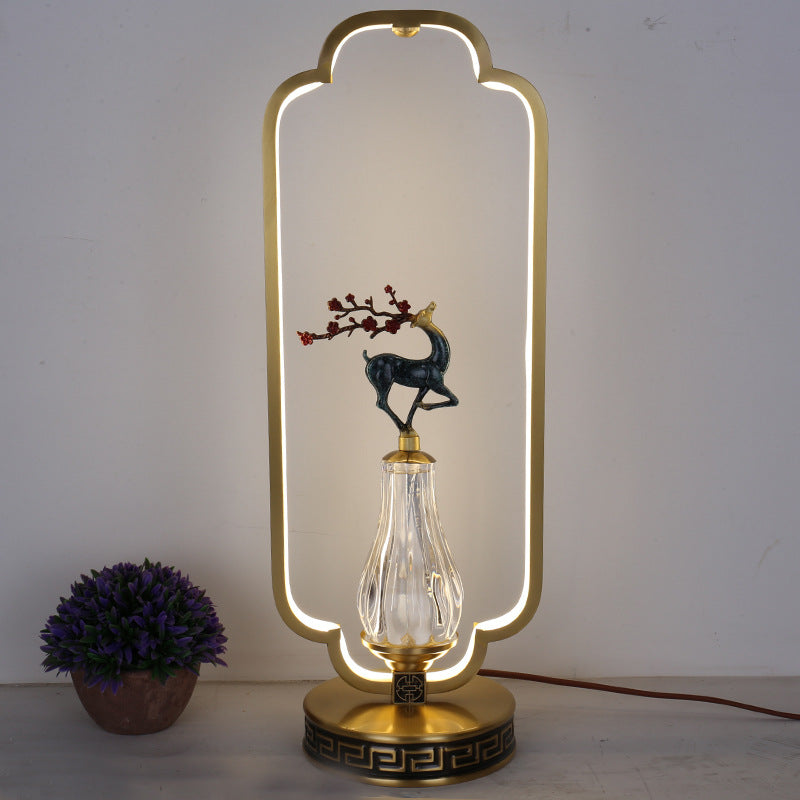 Traditional Chinese Gourd Magpie Deer Crystal Resin Copper Round Base LED Table Lamp For Bedroom