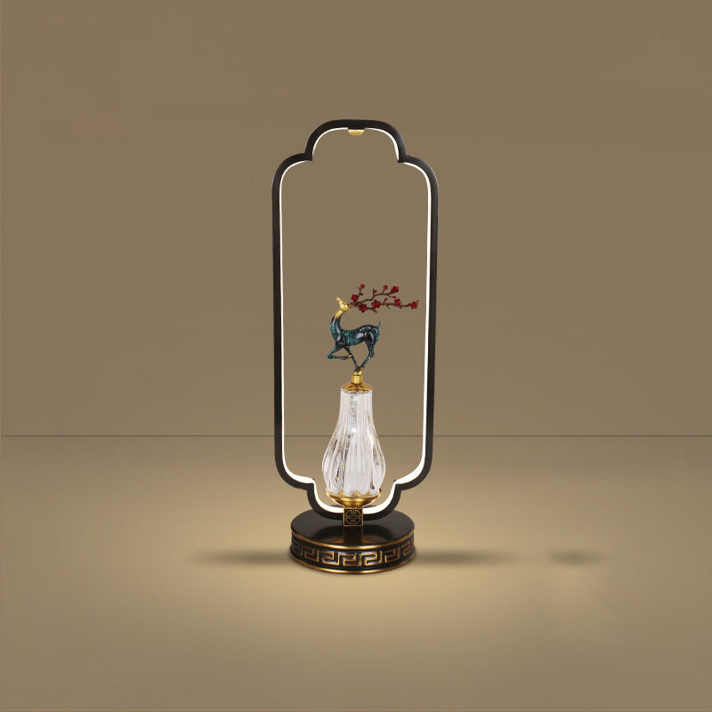 Traditional Chinese Gourd Magpie Deer Crystal Resin Copper Round Base LED Table Lamp For Bedroom